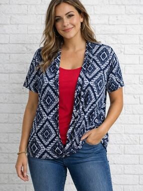 Perseption 2X Navy Blue and White Geometric Short Sleeve Layered Top W/ Red Tank